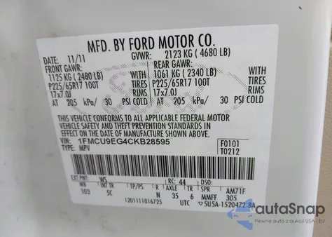 2012 Ford Escape Limited из США, поврежденный, VIN 1FMCU9EG4CKB28595